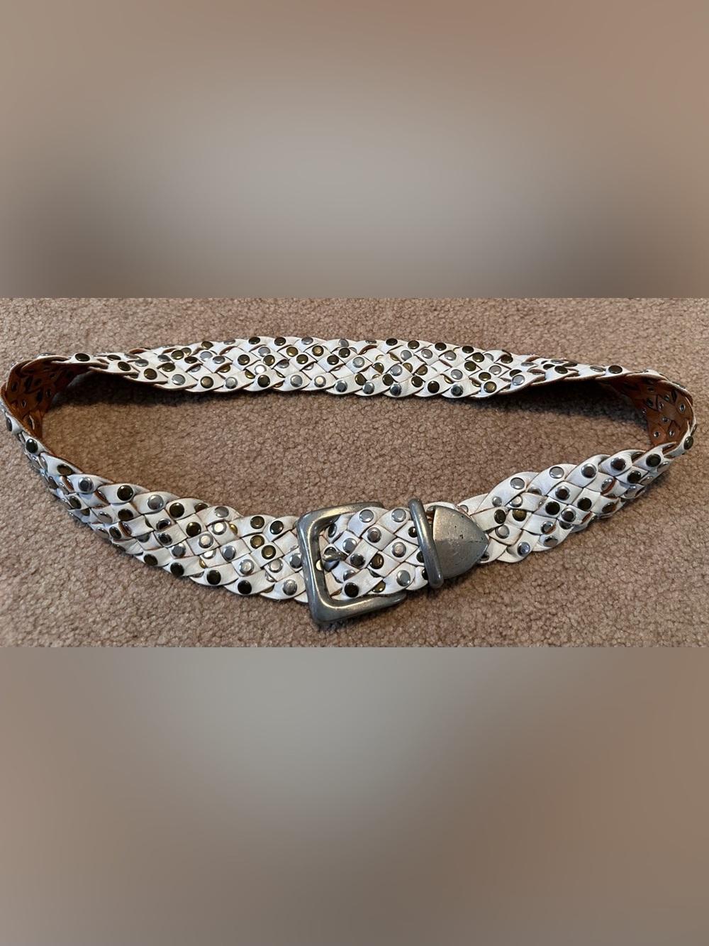 Vintage Sand Castle USA Studded Woven White Leather Belt with Metal Grommets